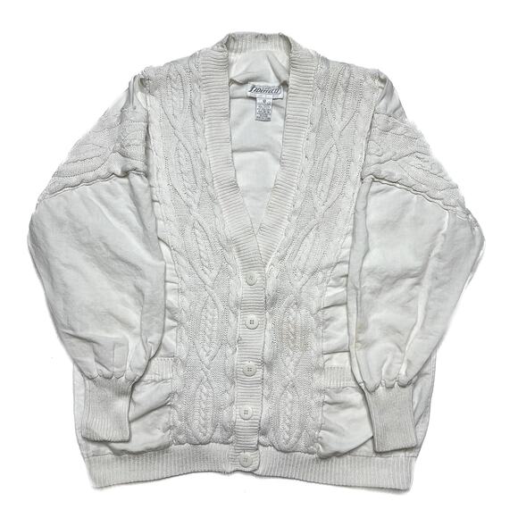 Sideffects Vintage Cable Knit Jacket White Button Up V Neck Women's M Retro 90s - Picture 1 of 11
